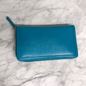 Halogen saffiano leather clutch with gold finishes